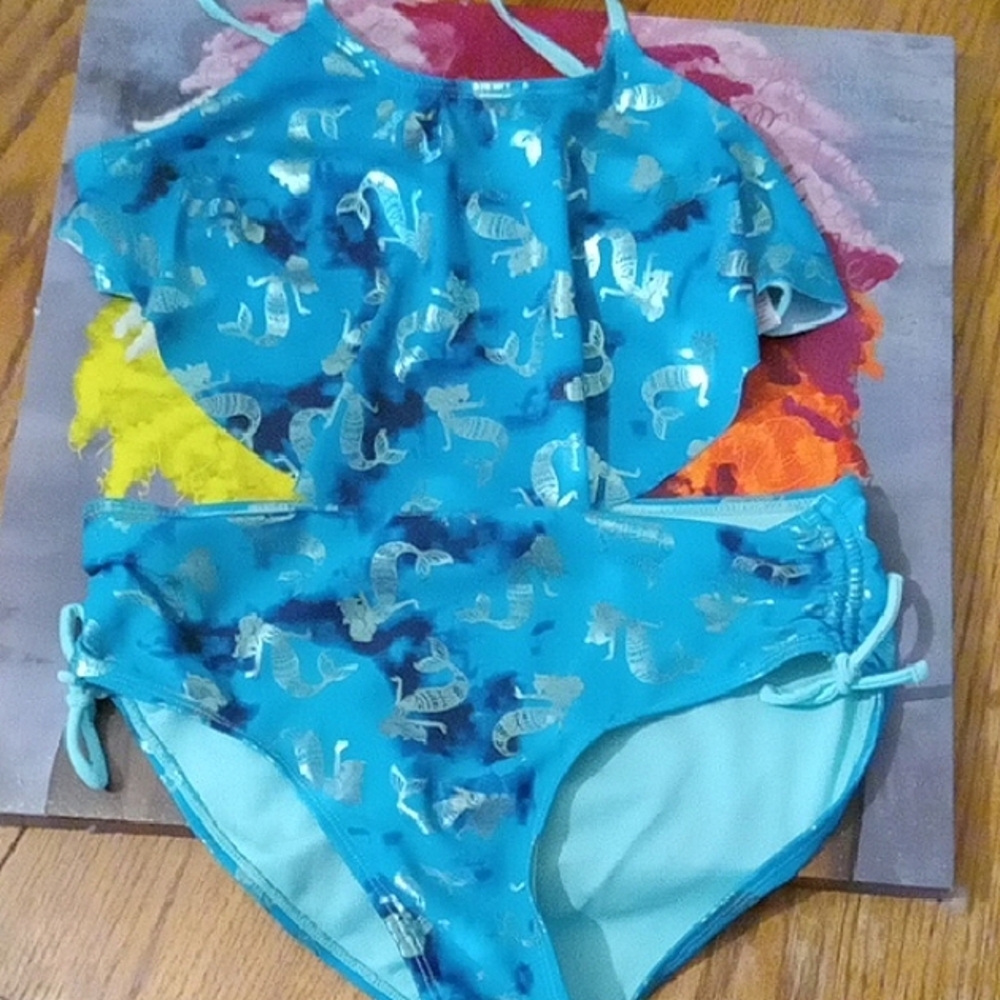 Justice Blue and Silver Kids Mermaid Print Swim Set